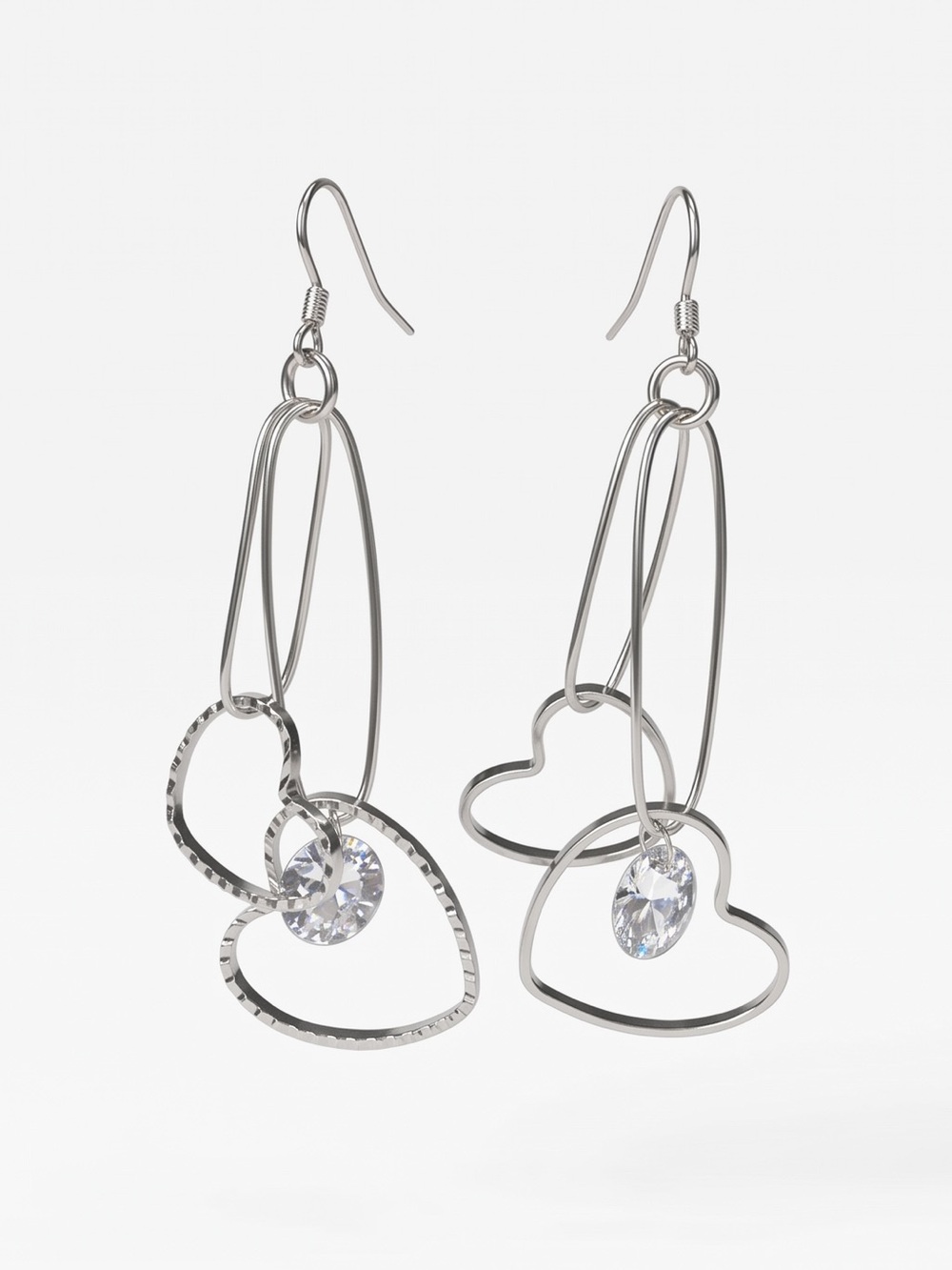 Silver Heart Drop Earrings with Clear Crystal Accent